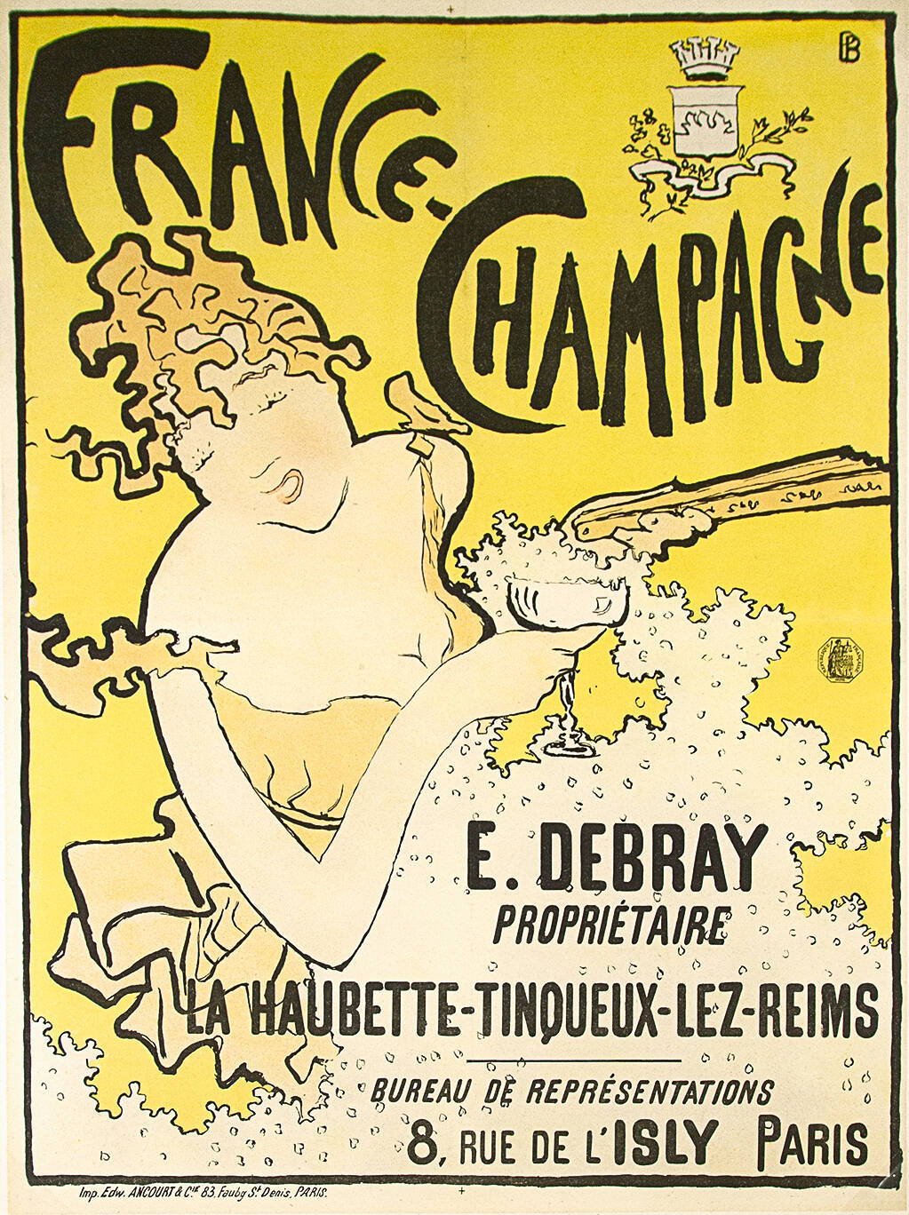 Bright yellow and black French print poster for champagne. Image is of a woman carrying a fan and a cup of champagne that is overflowing with bubbles.